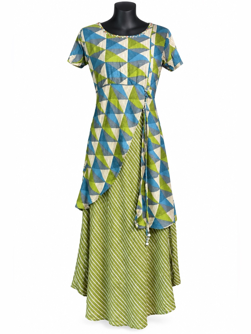 Kaira and striped printed cotton A-line fusion kurta dress from India